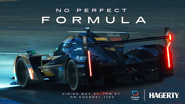 “No Perfect Formula” documentary poster featuring rear ¾ view of the Cadillac V-Series.R race car on a race track.