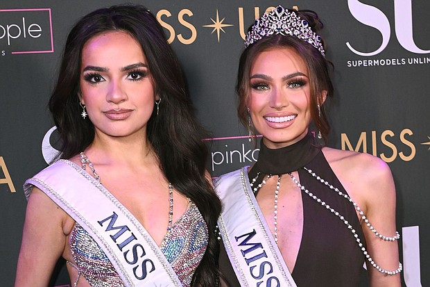 (L-R) Miss Teen USA 2023, UmaSofia Srivastava, and Miss USA 2023, Noelia Voigt attend Supermodels Unlimited Magazine Presents: Billboards Over Broadway - NYFW Celebrity Event at Nebula Nightclub on February 10, 2024 in New York City.
Mandatory Credit:	Chance Yeh/Getty Images via CNN Newsource