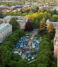 Demonstrators rally May 7 at a protest encampment at the University of Washington in Seattle in support of Palestinians in Gaza.
Mandatory Credit:	David Ryder/Reuters via CNN Newsource