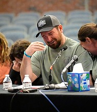 James Herling, center, pauses his testimony in Augusta, Maine, while recalling the moment he realized the shooter was his brother-in-law, Robert Card, on May 16.
Mandatory Credit:	Robert F. Bukaty/AP via CNN Newsource