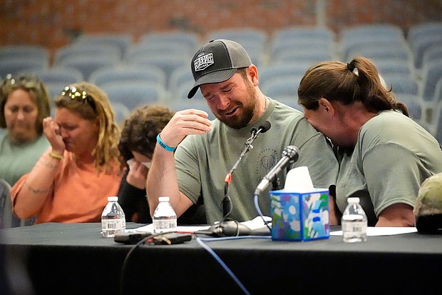 James Herling, center, pauses his testimony in Augusta, Maine, while recalling the moment he realized the shooter was his brother-in-law, Robert Card, on May 16.
Mandatory Credit:	Robert F. Bukaty/AP via CNN Newsource