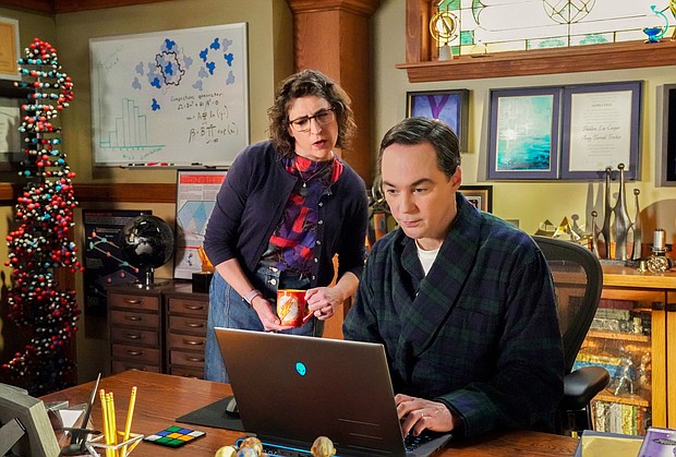 Mayim Bialik and Jim Parsons reprised their "Big Bang Theory" roles in the "Young Sheldon" series finale.
Mandatory Credit:	Bill Inoshita/CBS via CNN Newsource