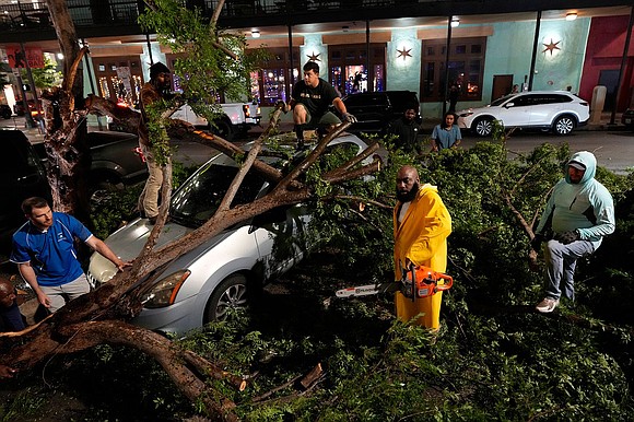 A destructive complex of storms with hurricane-force wind gusts tore through Texas and downtown Houston Thursday, leaving at least four …