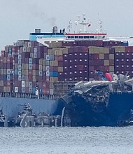Crews work to move the cargo ship Dali in Baltimore, on May 20. The vessel on March 26 struck the Francis Scott Key Bridge causing it to collapse and resulting in the death of six people.
Mandatory Credit:	Matt Rourke/AP via CNN Newsource