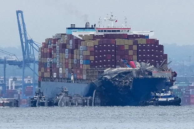 Crews work to move the cargo ship Dali in Baltimore, on May 20. The vessel on March 26 struck the Francis Scott Key Bridge causing it to collapse and resulting in the death of six people.
Mandatory Credit:	Matt Rourke/AP via CNN Newsource