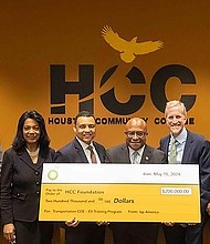 Mark Crawford, Sr. Vice President of Diversity, Equity and Inclusion at bp, presented the $200,000 donation from BP to Michael Edwards, PhD, President of Houston Community College’s Northeast College Campus, to fund electrical vehicle safety safety training and mechanic training course for City of Houston and Harris County employees.