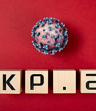 coronavirus and KP.2 variant on a red background