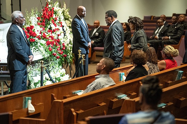 Mourners pay their respects for The Rev. William “Bill” Lawson in the sanctuary of the original Wheeler Avenue Baptist Church on Thursday, May 23, 2024 in Houston. Known for being a “Houston’s Pastor,” Lawson was the founding pastor of Wheeler Avenue Baptist Church who helped lead the Houston’s racial desegregation in the 1960s and continued to be a civil rights leader and spiritual guide throughout his life. He retired from the pulpit in 2004, but remained active in the church until his death on May 14 at age 95.