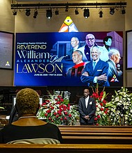Mourners pay their respects for The Rev. William “Bill” Lawson in the sanctuary of the original Wheeler Avenue Baptist Church on Thursday, May 23, 2024 in Houston. Known for being a “Houston’s Pastor,” Lawson was the founding pastor of Wheeler Avenue Baptist Church who helped lead the Houston’s racial desegregation in the 1960s and continued to be a civil rights leader and spiritual guide throughout his life. He retired from the pulpit in 2004, but remained active in the church until his death on May 14 at age 95.