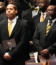 Members of the Alpha Phi Alpha fraternity are seen during the community celebration for Rev. William “Bill” Lawson at Wheeler Avenue Baptist Church on Thursday, May 23, 2024, in Houston. Known for being a “Houston’s Pastor,” Lawson was the founding pastor of Wheeler Avenue Baptist Church who helped lead the Houston’s racial desegregation in the 1960s and continued to be a civil rights leader and spiritual guide throughout his life. He retired from the pulpit in 2004, but remained active in the church until his death on May 14 at age 95.
