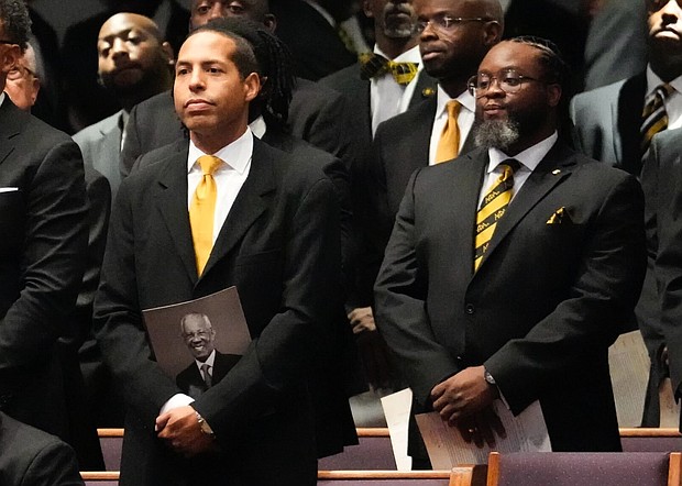 Members of the Alpha Phi Alpha fraternity are seen during the community celebration for Rev. William “Bill” Lawson at Wheeler Avenue Baptist Church on Thursday, May 23, 2024, in Houston. Known for being a “Houston’s Pastor,” Lawson was the founding pastor of Wheeler Avenue Baptist Church who helped lead the Houston’s racial desegregation in the 1960s and continued to be a civil rights leader and spiritual guide throughout his life. He retired from the pulpit in 2004, but remained active in the church until his death on May 14 at age 95.