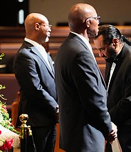 U.S. Congressman Al Green, right, pays his respects to Rev. William “Bill” Lawson before his community celebration at Wheeler Avenue Baptist Church on Thursday, May 23, 2024, in Houston. Known for being a “Houston’s Pastor,” Lawson was the founding pastor of Wheeler Avenue Baptist Church who helped lead the Houston’s racial desegregation in the 1960s and continued to be a civil rights leader and spiritual guide throughout his life. He retired from the pulpit in 2004, but remained active in the church until his death on May 14 at age 95.