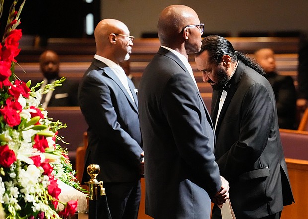 U.S. Congressman Al Green, right, pays his respects to Rev. William “Bill” Lawson before his community celebration at Wheeler Avenue Baptist Church on Thursday, May 23, 2024, in Houston. Known for being a “Houston’s Pastor,” Lawson was the founding pastor of Wheeler Avenue Baptist Church who helped lead the Houston’s racial desegregation in the 1960s and continued to be a civil rights leader and spiritual guide throughout his life. He retired from the pulpit in 2004, but remained active in the church until his death on May 14 at age 95.