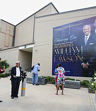 Mourners pay their respects for The Rev. William “Bill” Lawson in the sanctuary of the original Wheeler Avenue Baptist Church on Thursday, May 23, 2024 in Houston. Known for being a “Houston’s Pastor,” Lawson was the founding pastor of Wheeler Avenue Baptist Church who helped lead the Houston’s racial desegregation in the 1960s and continued to be a civil rights leader and spiritual guide throughout his life. He retired from the pulpit in 2004, but remained active in the church until his death on May 14 at age 95.