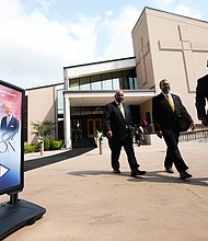 Members of the Alpha Phi Alpha fraternity walk outside the sanctuary of the original Wheeler Avenue Baptist Church before the community celebration for Rev. William “Bill” Lawson on Thursday, May 23, 2024, in Houston. Known for being a “Houston’s Pastor,” Lawson was the founding pastor of Wheeler Avenue Baptist Church who helped lead the Houston’s racial desegregation in the 1960s and continued to be a civil rights leader and spiritual guide throughout his life. He retired from the pulpit in 2004, but remained active in the church until his death on May 14 at age 95.