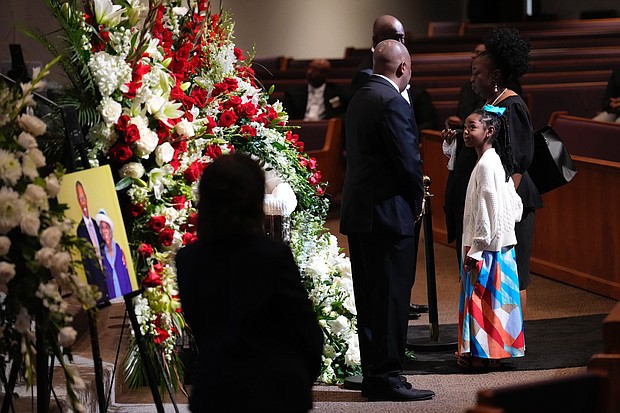 Mourners approach the casket of Rev. William “Bill” Lawson in the sanctuary of the original Wheeler Avenue Baptist Church on Thursday, May 23, 2024, in Houston. Known for being a “Houston’s Pastor,” Lawson was the founding pastor of Wheeler Avenue Baptist Church who helped lead the Houston’s racial desegregation in the 1960s and continued to be a civil rights leader and spiritual guide throughout his life. He retired from the pulpit in 2004, but remained active in the church until his death on May 14 at age 95.