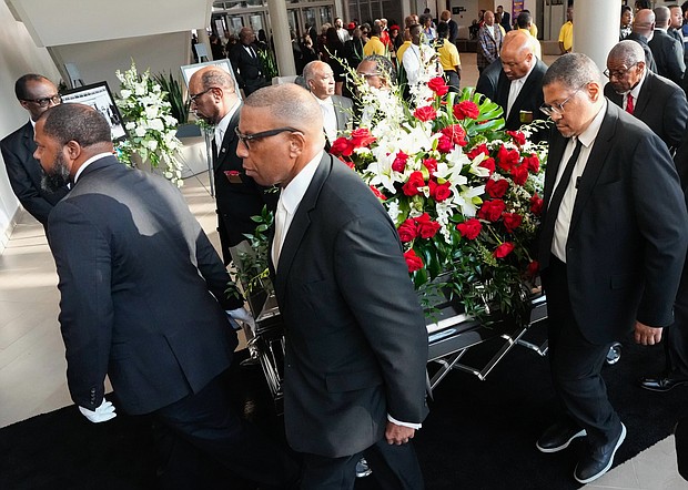Pallbearers guide the casket of Rev. William “Bill” Lawson into sanctuary of the original Wheeler Avenue Baptist Church for a community celebration on Thursday, May 23, 2024, in Houston. Known for being a “Houston’s Pastor,” Lawson was the founding pastor of Wheeler Avenue Baptist Church who helped lead the Houston’s racial desegregation in the 1960s and continued to be a civil rights leader and spiritual guide throughout his life. He retired from the pulpit in 2004, but remained active in the church until his death on May 14 at age 95.