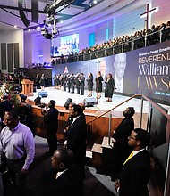 Singers begin the community celebration for Rev. William “Bill” Lawson in the sanctuary of the original Wheeler Avenue Baptist Church on Thursday, May 23, 2024, in Houston. Known for being a “Houston’s Pastor,” Lawson was the founding pastor of Wheeler Avenue Baptist Church who helped lead the Houston’s racial desegregation in the 1960s and continued to be a civil rights leader and spiritual guide throughout his life. He retired from the pulpit in 2004, but remained active in the church until his death on May 14 at age 95.