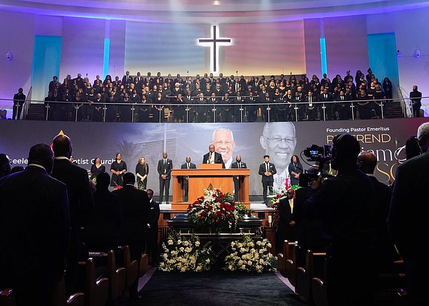 Mourners gather to take part in a community celebration in honor of Rev. William “Bill” Lawson at Wheeler Avenue Baptist Church on Thursday, May 23, 2024, in Houston. Known for being a “Houston’s Pastor,” Lawson was the founding pastor of Wheeler Avenue Baptist Church who helped lead the Houston’s racial desegregation in the 1960s and continued to be a civil rights leader and spiritual guide throughout his life. He retired from the pulpit in 2004, but remained active in the church until his death on May 14 at age 95.