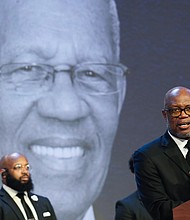 Bishop James W.E. Dixon  II speaks during a community celebration in honor of Rev. William “Bill” Lawson at Wheeler Avenue Baptist Church on Thursday, May 23, 2024, in Houston. Known for being a “Houston’s Pastor,” Lawson was the founding pastor of Wheeler Avenue Baptist Church who helped lead the Houston’s racial desegregation in the 1960s and continued to be a civil rights leader and spiritual guide throughout his life. He retired from the pulpit in 2004, but remained active in the church until his death on May 14 at age 95.