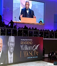 Attorney Gene Locke talks about Civil Rights activities in the 1960s during a community celebration in honor of Rev. William “Bill” Lawson is seen at Wheeler Avenue Baptist Church on Thursday, May 23, 2024, in Houston. Known for being a “Houston’s Pastor,” Lawson was the founding pastor of Wheeler Avenue Baptist Church who helped lead the Houston’s racial desegregation in the 1960s and continued to be a civil rights leader and spiritual guide throughout his life. He retired from the pulpit in 2004, but remained active in the church until his death on May 14 at age 95.