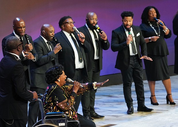 Barbara Johnson Tucker sings during a community celebration in honor of Rev. William “Bill” Lawson at Wheeler Avenue Baptist Church on Thursday, May 23, 2024, in Houston. Known for being a “Houston’s Pastor,” Lawson was the founding pastor of Wheeler Avenue Baptist Church who helped lead the Houston’s racial desegregation in the 1960s and continued to be a civil rights leader and spiritual guide throughout his life. He retired from the pulpit in 2004, but remained active in the church until his death on May 14 at age 95.