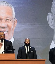 Pastor Marcus Cosby, left, speaks during a community celebration in honor of Rev. William “Bill” Lawson at Wheeler Avenue Baptist Church on Thursday, May 23, 2024, in Houston. Known for being a “Houston’s Pastor,” Lawson was the founding pastor of Wheeler Avenue Baptist Church who helped lead the Houston’s racial desegregation in the 1960s and continued to be a civil rights leader and spiritual guide throughout his life. He retired from the pulpit in 2004, but remained active in the church until his death on May 14 at age 95.