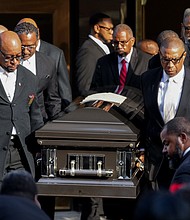 Pallbearers carry the casket of Rev. William “Bill” Lawson into sanctuary of the original Wheeler Avenue Baptist Church for a community celebration on Thursday, May 23, 2024, in Houston. Known for being a “Houston’s Pastor,” Lawson was the founding pastor of Wheeler Avenue Baptist Church who helped lead the Houston’s racial desegregation in the 1960s and continued to be a civil rights leader and spiritual guide throughout his life. He retired from the pulpit in 2004, but remained active in the church until his death on May 14 at age 95.