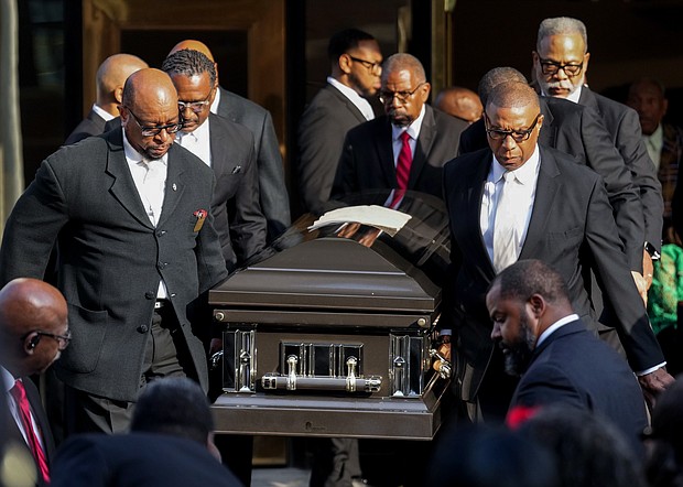 Pallbearers carry the casket of Rev. William “Bill” Lawson into sanctuary of the original Wheeler Avenue Baptist Church for a community celebration on Thursday, May 23, 2024, in Houston. Known for being a “Houston’s Pastor,” Lawson was the founding pastor of Wheeler Avenue Baptist Church who helped lead the Houston’s racial desegregation in the 1960s and continued to be a civil rights leader and spiritual guide throughout his life. He retired from the pulpit in 2004, but remained active in the church until his death on May 14 at age 95.