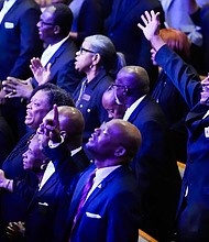 People react during a community celebration in honor of Rev. William “Bill” Lawson at Wheeler Avenue Baptist Church on Thursday, May 23, 2024, in Houston. Known for being a “Houston’s Pastor,” Lawson was the founding pastor of Wheeler Avenue Baptist Church who helped lead the Houston’s racial desegregation in the 1960s and continued to be a civil rights leader and spiritual guide throughout his life. He retired from the pulpit in 2004, but remained active in the church until his death on May 14 at age 95.