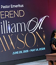 Mia Caldwell, daughter of Kirby John Caldwell, speaks during a community celebration in honor of Rev. William “Bill” Lawson at Wheeler Avenue Baptist Church on Thursday, May 23, 2024, in Houston. Known for being a “Houston’s Pastor,” Lawson was the founding pastor of Wheeler Avenue Baptist Church who helped lead the Houston’s racial desegregation in the 1960s and continued to be a civil rights leader and spiritual guide throughout his life. He retired from the pulpit in 2004, but remained active in the church until his death on May 14 at age 95.