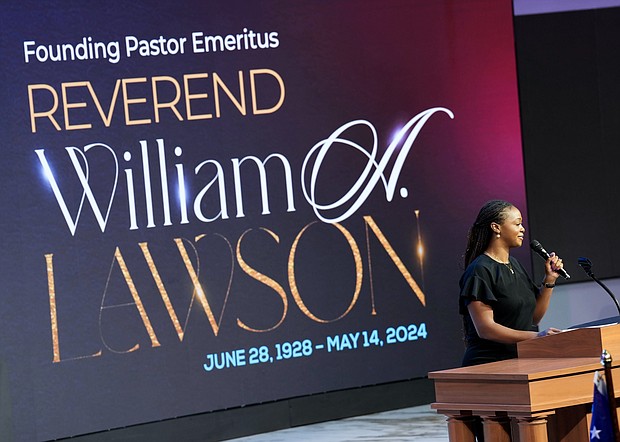 Mia Caldwell, daughter of Kirby John Caldwell, speaks during a community celebration in honor of Rev. William “Bill” Lawson at Wheeler Avenue Baptist Church on Thursday, May 23, 2024, in Houston. Known for being a “Houston’s Pastor,” Lawson was the founding pastor of Wheeler Avenue Baptist Church who helped lead the Houston’s racial desegregation in the 1960s and continued to be a civil rights leader and spiritual guide throughout his life. He retired from the pulpit in 2004, but remained active in the church until his death on May 14 at age 95.
