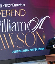 Dr. Timothy Sloan, pastor of The Luke Church, speaks during a community celebration in honor of Rev. William “Bill” Lawson at Wheeler Avenue Baptist Church on Thursday, May 23, 2024, in Houston.