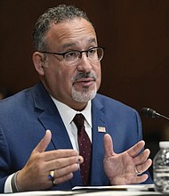 Education Secretary Miguel Cardona testifies during a Senate Appropriations Subcommittee on Labor, Health and Human Services, and Education, and Related Agencies hearing on Capitol
Hill last week The Biden administration is cancelling student loans for another 160,000 borrowers through a combination of existing programs.