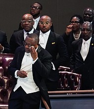 Dr. Marcus Crosby wipes away tears during a community celebration in honor of Rev. William “Bill” Lawson at Wheeler Avenue Baptist Church on Thursday, May 23, 2024, in Houston. Brett Coomer/Staff photographer)