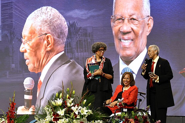 Rev. William “Bill” Lawson’s daughters Cheryl Lawson, left, Melanie Lawson, Roxanne Lawson speak about their father during a celebration in honor of Rev. William “Bill” Lawson at Wheeler Avenue Baptist Church on Friday, May 24, 2024, in Houston. Known for being a “Houston’s Pastor,” Lawson was the founding pastor of Wheeler Avenue Baptist Church who helped lead the Houston’s racial desegregation in the 1960s and continued to be a civil rights leader and spiritual guide throughout his life. He retired from the pulpit in 2004, but remained active in the church until his death on May 14 at age 95.