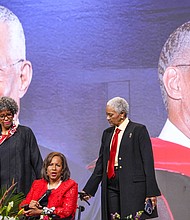 Rev. William "Bill" Lawson's daughters Cheryl Lawson, left, Melanie Lawson and Roxanne Lawson speak about their father during a celebration honoring him at Wheeler Avenue Baptist Church on Friday, May 24, 2024, in Houston. Lawson, a longtime pastor and civil rights leader who helped desegregate Houston, Texas, and worked with the Rev. Martin Luther King Jr. during the civil rights movement, died on May 14.