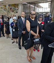 Mourners line up to sign the condolence book as they arrive for the celebration of life services for The Rev. William “Bill” Lawson at Wheeler Avenue Baptist Church on Friday, May 24, 2024 in Houston. Known for being a “Houston’s Pastor,” Lawson was the founding pastor of Wheeler Avenue Baptist Church who helped lead the Houston’s racial desegregation in the 1960s and continued to be a civil rights leader and spiritual guide throughout his life. He retired from the pulpit in 2004, but remained active in the church until his death on May 14 at age 95.