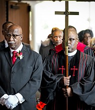Ministers lead the family into the sanctuary at Wheeler Avenue Baptist Church for the celebration of life services for The Rev. William “Bill” Lawson on Friday, May 24, 2024 in Houston. Known for being a “Houston’s Pastor,” Lawson was the founding pastor of Wheeler Avenue Baptist Church who helped lead the Houston’s racial desegregation in the 1960s and continued to be a civil rights leader and spiritual guide throughout his life. He retired from the pulpit in 2004, but remained active in the church until his death on May 14 at age 95.