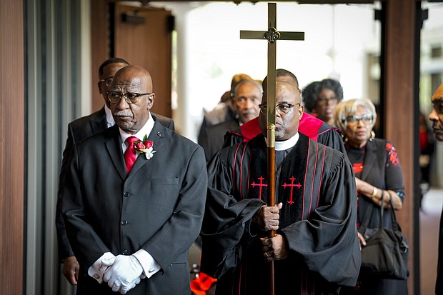 Ministers lead the family into the sanctuary at Wheeler Avenue Baptist Church for the celebration of life services for The Rev. William “Bill” Lawson on Friday, May 24, 2024 in Houston. Known for being a “Houston’s Pastor,” Lawson was the founding pastor of Wheeler Avenue Baptist Church who helped lead the Houston’s racial desegregation in the 1960s and continued to be a civil rights leader and spiritual guide throughout his life. He retired from the pulpit in 2004, but remained active in the church until his death on May 14 at age 95.