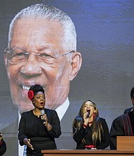 The choir sings during the celebration of life services for The Rev. William “Bill” Lawson in the sanctuary of the Wheeler Avenue Baptist Church on Friday, May 24, 2024 in Houston. Known for being a “Houston’s Pastor,” Lawson was the founding pastor of Wheeler Avenue Baptist Church who helped lead the Houston’s racial desegregation in the 1960s and continued to be a civil rights leader and spiritual guide throughout his life. He retired from the pulpit in 2004, but remained active in the church until his death on May 14 at age 95.