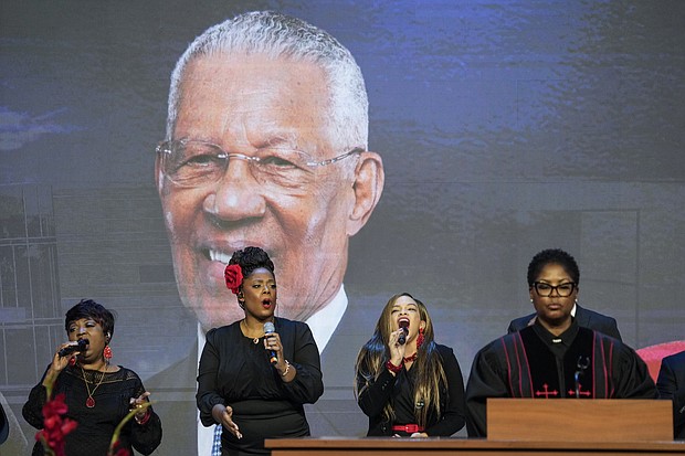 The choir sings during the celebration of life services for The Rev. William “Bill” Lawson in the sanctuary of the Wheeler Avenue Baptist Church on Friday, May 24, 2024 in Houston. Known for being a “Houston’s Pastor,” Lawson was the founding pastor of Wheeler Avenue Baptist Church who helped lead the Houston’s racial desegregation in the 1960s and continued to be a civil rights leader and spiritual guide throughout his life. He retired from the pulpit in 2004, but remained active in the church until his death on May 14 at age 95.