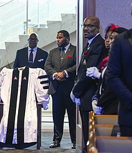 The Rev. William “Bill” Lawson’s robes are carried into the sanctuary of the Wheeler Avenue Baptist Church during the celebration of life for the church’s founder on Friday, May 24, 2024 in Houston. Known for being a “Houston’s Pastor,” Lawson was the founding pastor of Wheeler Avenue Baptist Church who helped lead the Houston’s racial desegregation in the 1960s and continued to be a civil rights leader and spiritual guide throughout his life. He retired from the pulpit in 2004, but remained active in the church until his death on May 14 at age 95.