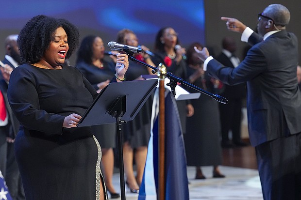 Milan McCray sings during the celebration of life services for The Rev. William “Bill” Lawson on Friday, May 24, 2024 in Houston. Known for being a “Houston’s Pastor,” Lawson was the founding pastor of Wheeler Avenue Baptist Church who helped lead the Houston’s racial desegregation in the 1960s and continued to be a civil rights leader and spiritual guide throughout his life. He retired from the pulpit in 2004, but remained active in the church until his death on May 14 at age 95.