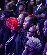 Mourners stand during the Gospel reading during the celebration of life services for The Rev. William “Bill” Lawson at Wheeler Avenue Baptist Church on Friday, May 24, 2024 in Houston. Known for being a “Houston’s Pastor,” Lawson was the founding pastor of Wheeler Avenue Baptist Church who helped lead the Houston’s racial desegregation in the 1960s and continued to be a civil rights leader and spiritual guide throughout his life. He retired from the pulpit in 2004, but remained active in the church until his death on May 14 at age 95.