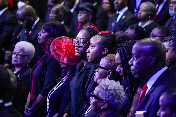 Mourners stand during the Gospel reading during the celebration of life services for The Rev. William “Bill” Lawson at Wheeler Avenue Baptist Church on Friday, May 24, 2024 in Houston. Known for being a “Houston’s Pastor,” Lawson was the founding pastor of Wheeler Avenue Baptist Church who helped lead the Houston’s racial desegregation in the 1960s and continued to be a civil rights leader and spiritual guide throughout his life. He retired from the pulpit in 2004, but remained active in the church until his death on May 14 at age 95.