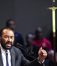 Rep. Al Green speaks during the celebration of life services for The Rev. William “Bill” Lawson in the sanctuary of the original Wheeler Avenue Baptist Church on Friday, May 24, 2024 in Houston. Known for being a “Houston’s Pastor,” Lawson was the founding pastor of Wheeler Avenue Baptist Church who helped lead the Houston’s racial desegregation in the 1960s and continued to be a civil rights leader and spiritual guide throughout his life. He retired from the pulpit in 2004, but remained active in the church until his death on May 14 at age 95.