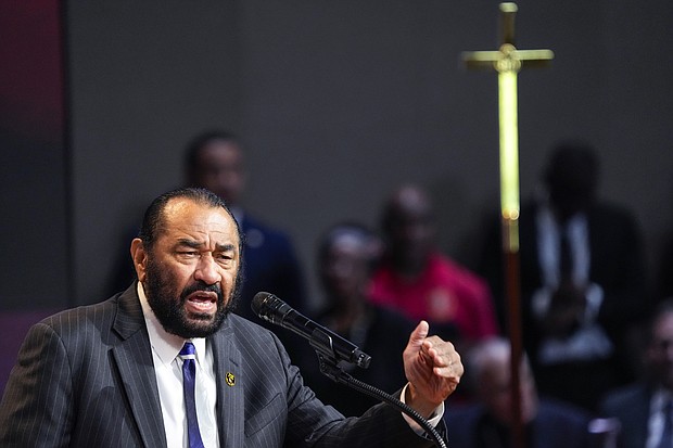 Rep. Al Green speaks during the celebration of life services for The Rev. William “Bill” Lawson in the sanctuary of the original Wheeler Avenue Baptist Church on Friday, May 24, 2024 in Houston. Known for being a “Houston’s Pastor,” Lawson was the founding pastor of Wheeler Avenue Baptist Church who helped lead the Houston’s racial desegregation in the 1960s and continued to be a civil rights leader and spiritual guide throughout his life. He retired from the pulpit in 2004, but remained active in the church until his death on May 14 at age 95.