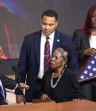 Rep. Al Green, and Rep. Sheila Jackson Lee greet one another as they pay tribute to The Rev. William “Bill” Lawson during the celebration of life for Lawson on Friday, May 24, 2024 in Houston. Known for being a “Houston’s Pastor,” Lawson was the founding pastor of Wheeler Avenue Baptist Church who helped lead the Houston’s racial desegregation in the 1960s and continued to be a civil rights leader and spiritual guide throughout his life. He retired from the pulpit in 2004, but remained active in the church until his death on May 14 at age 95.