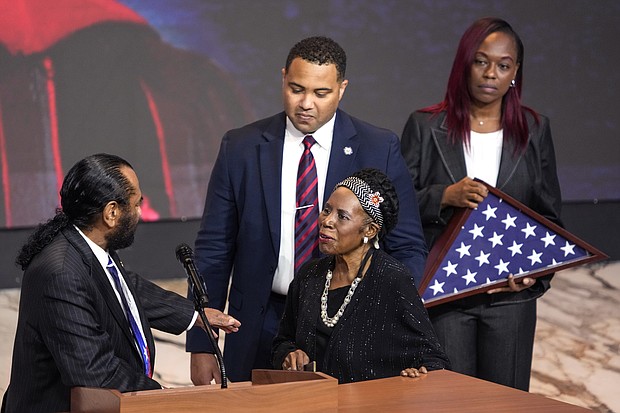 Rep. Al Green, and Rep. Sheila Jackson Lee greet one another as they pay tribute to The Rev. William “Bill” Lawson during the celebration of life for Lawson on Friday, May 24, 2024 in Houston. Known for being a “Houston’s Pastor,” Lawson was the founding pastor of Wheeler Avenue Baptist Church who helped lead the Houston’s racial desegregation in the 1960s and continued to be a civil rights leader and spiritual guide throughout his life. He retired from the pulpit in 2004, but remained active in the church until his death on May 14 at age 95.